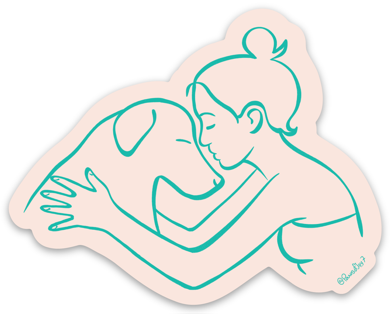 Hand-drawn Love Hug vinyl sticker featuring a minimalist design of a tender moment, waterproof and durable, created to honor the quiet comfort shared between dog moms and their pups.