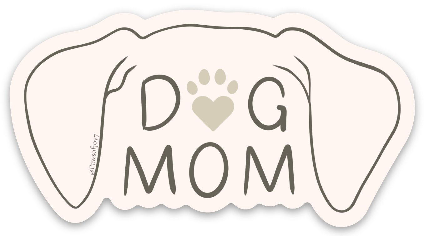 Minimalist neutral-tone “Dog Mom” sticker with soft heart-paw design and gentle ear outline, elegant and modern for proud dog moms.
