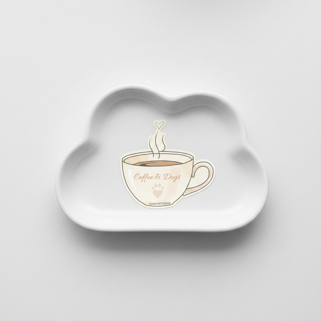 Heart-shaped white dish with a coffee cup design on a light gray background
