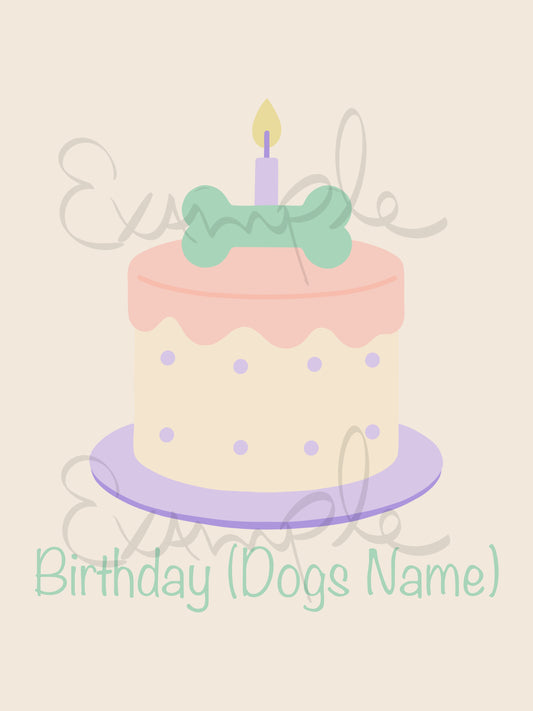 Dog birthday cake with candle and bone-shaped topper on a beige background