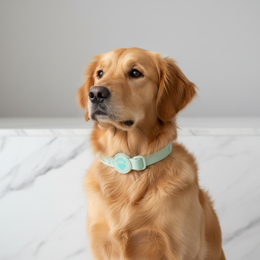 Golden retriever wearing a light green collar with a heart design on a white background