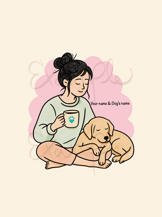 Illustration of a person sitting with a dog and holding a mug, with space for names.