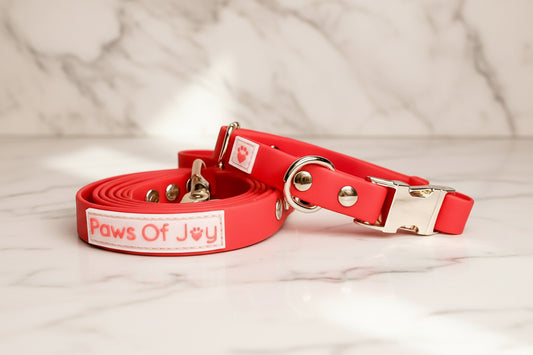 Red dog collar and leash set with 'Paws Of Joy' branding on a wooden surface.