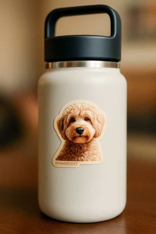 White water bottle with black lid featuring a dog illustration on a wooden surface.