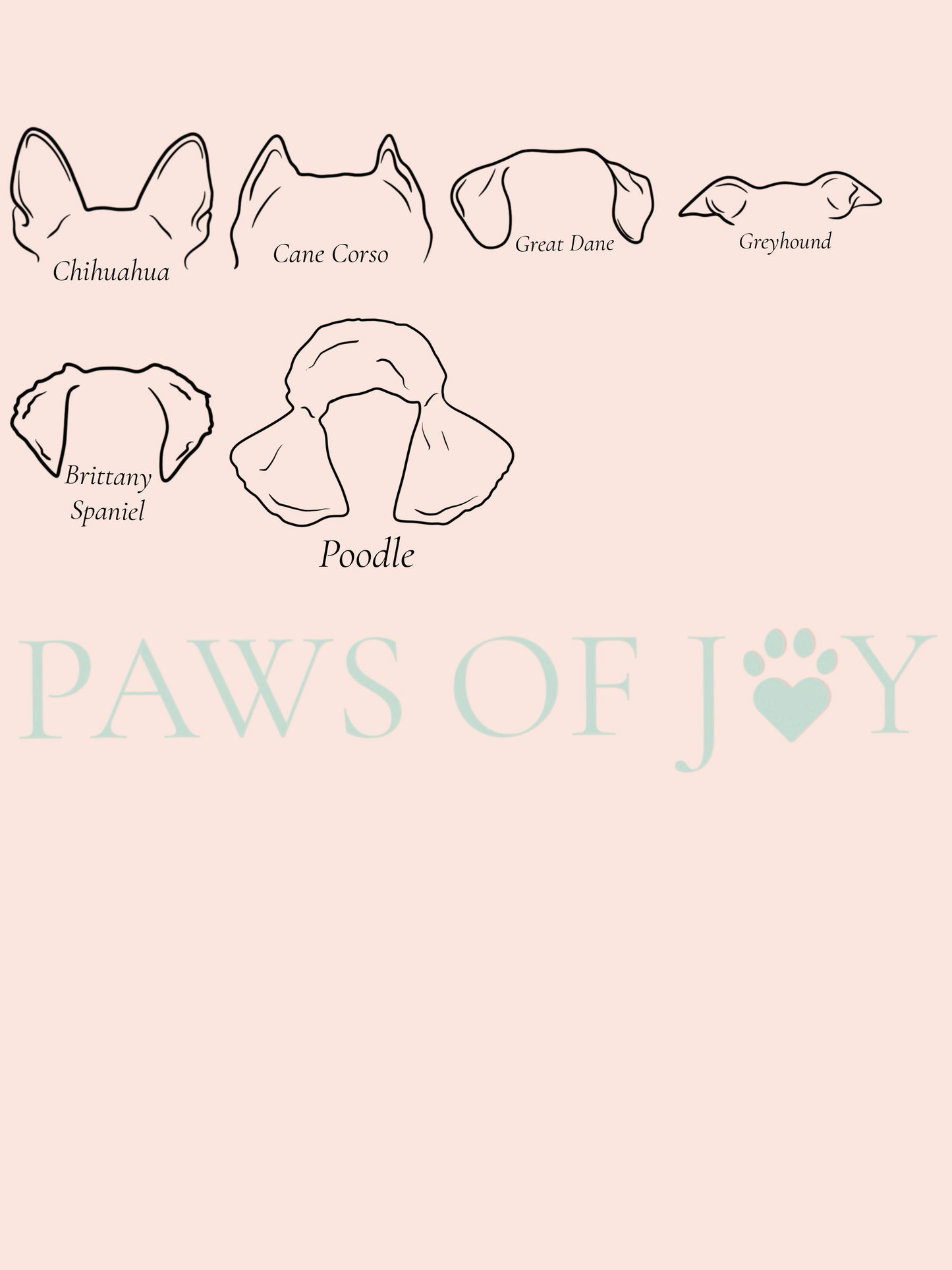 Illustrations of dog breeds with their names on a beige background, featuring the brand 'Paws of Joy'.