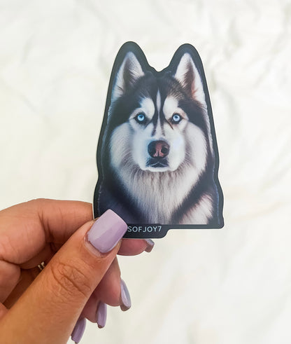 Boutique-designed Husky vinyl sticker featuring a bold dog silhouette with bright eyes and thick coat, waterproof and durable, created to honor the wild yet loyal bond between Husky dog moms and their pups.