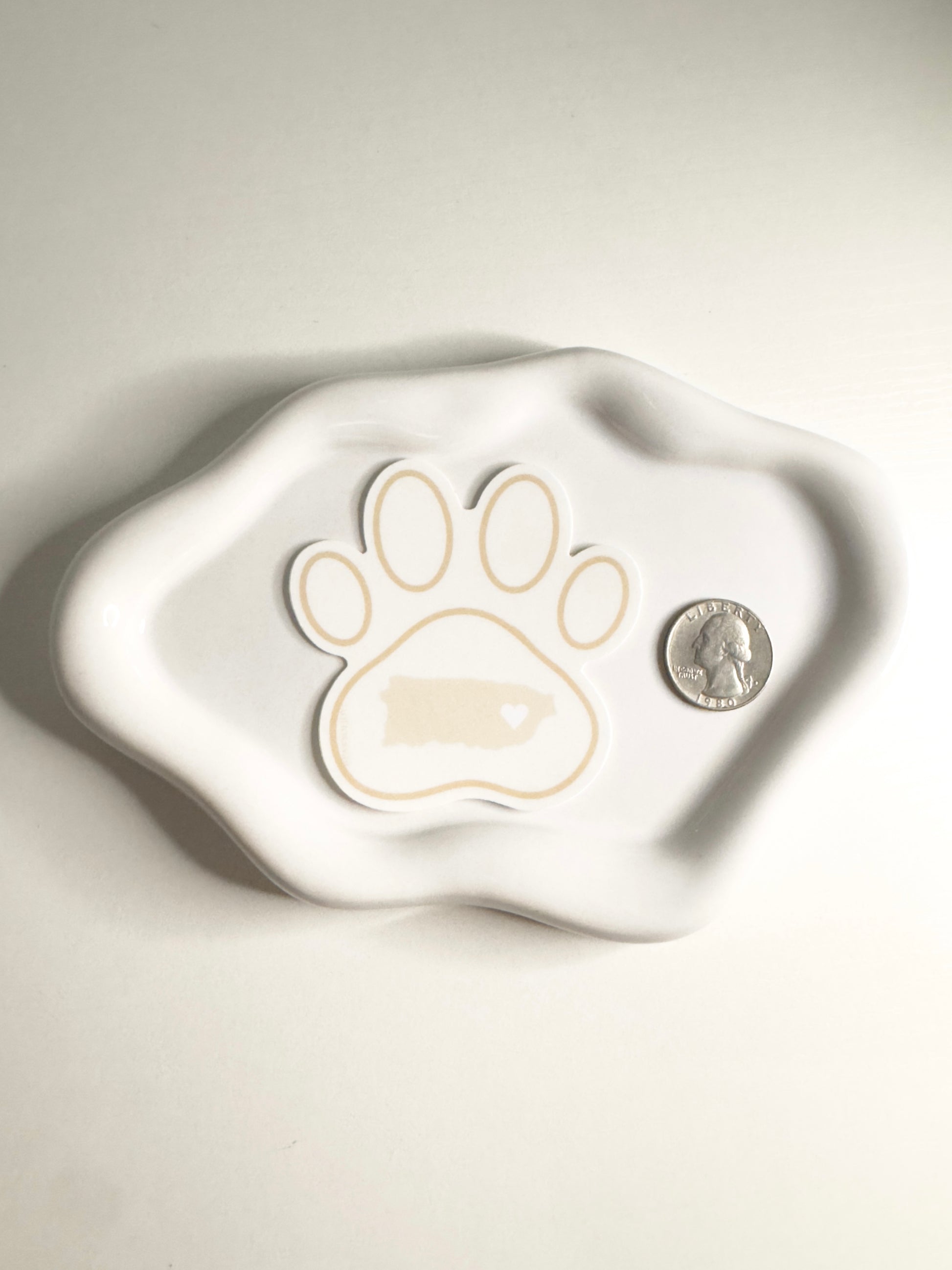 White ceramic dish with a paw print design of Puerto Rico  and a coin on a light background