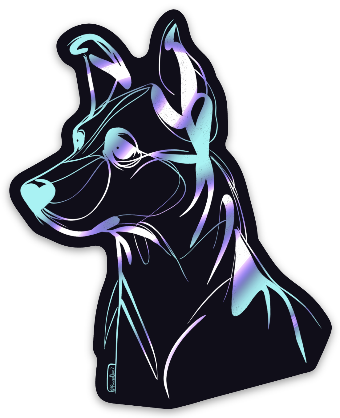 Hand-drawn Cosmic Dog vinyl sticker in purple and blue, featuring a bold dog silhouette, waterproof and durable, capturing the quiet magic between dog moms and their pups.