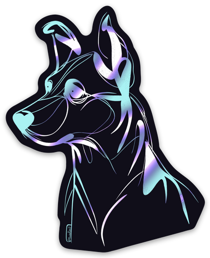 Hand-drawn Cosmic Dog vinyl sticker in purple and blue, featuring a bold dog silhouette, waterproof and durable, capturing the quiet magic between dog moms and their pups.