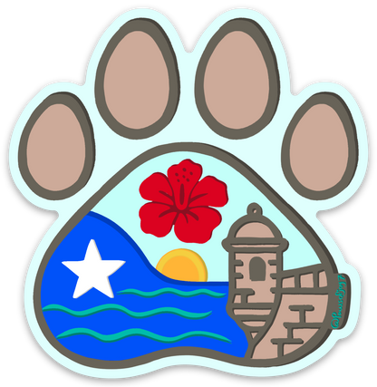 Hand-drawn Boricua Paw vinyl sticker featuring Puerto Rican symbols, waterproof and durable, created to celebrate the bond between your island roots and your dog.