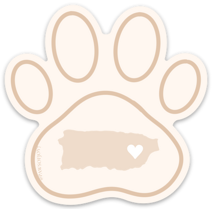 Minimalist beige paw print sticker featuring the Puerto Rico island silhouette with a heart, elegant and symbolic of love and roots.