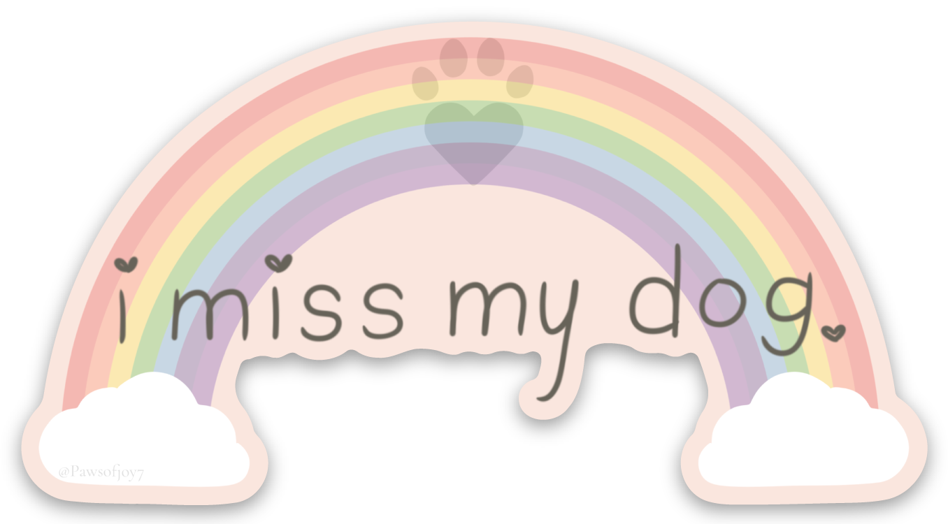 Minimalist rainbow dog sticker with soft pastel tones and a small paw heart, a gentle design symbolizing everlasting love and memory.