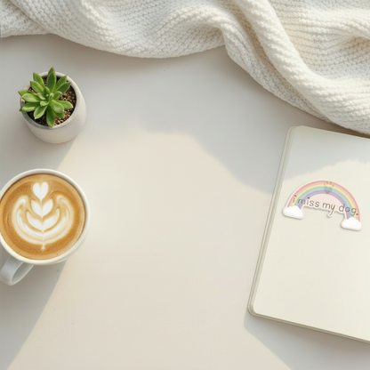 Cappuccino in a white cup with latte art, small potted plant, and notebook with rainbow sticker on a light surface.