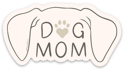 Minimalist neutral-tone “Dog Mom” sticker with soft heart-paw design and gentle ear outline, elegant and modern for proud dog moms.