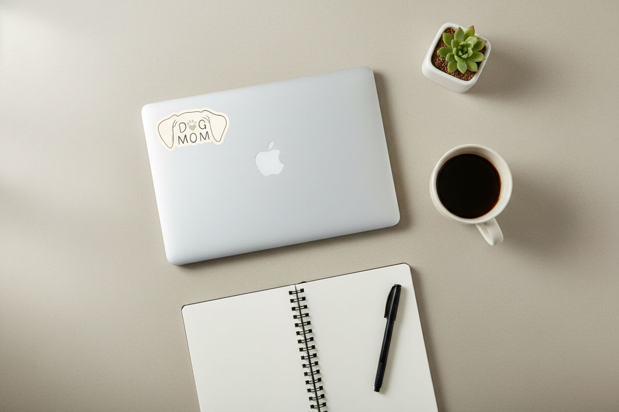 Laptop with 'Mom' sticker, notebook, pen, and coffee cup on a beige surface