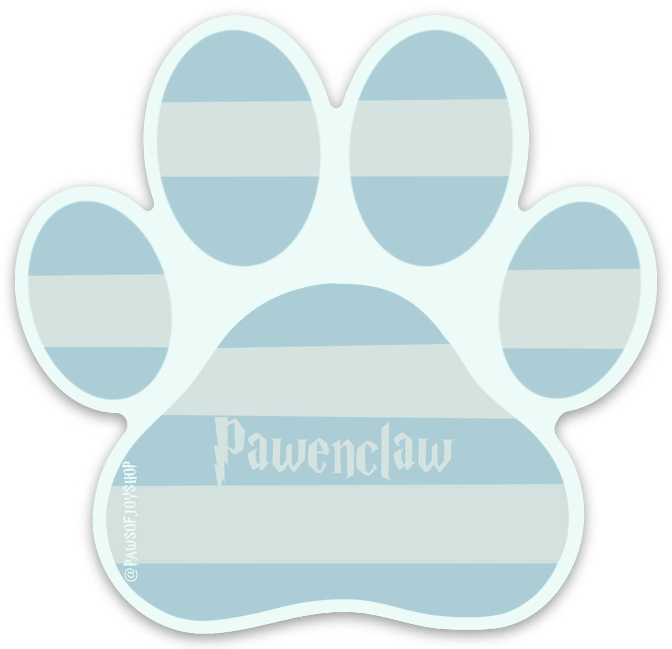 Paw-shaped blue and white striped magnet with 'Pawenclaw' branding on a white background