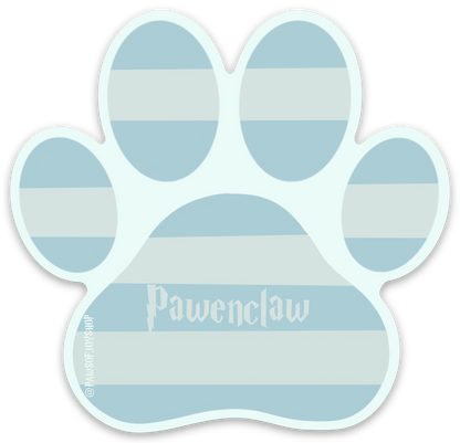 Paw-shaped blue and white striped magnet with 'Pawenclaw' branding on a white background