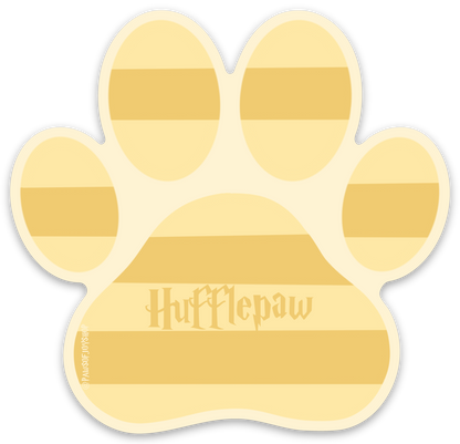 Gold paw-shaped mouse pad with 'Hufflepaw' text on a white background