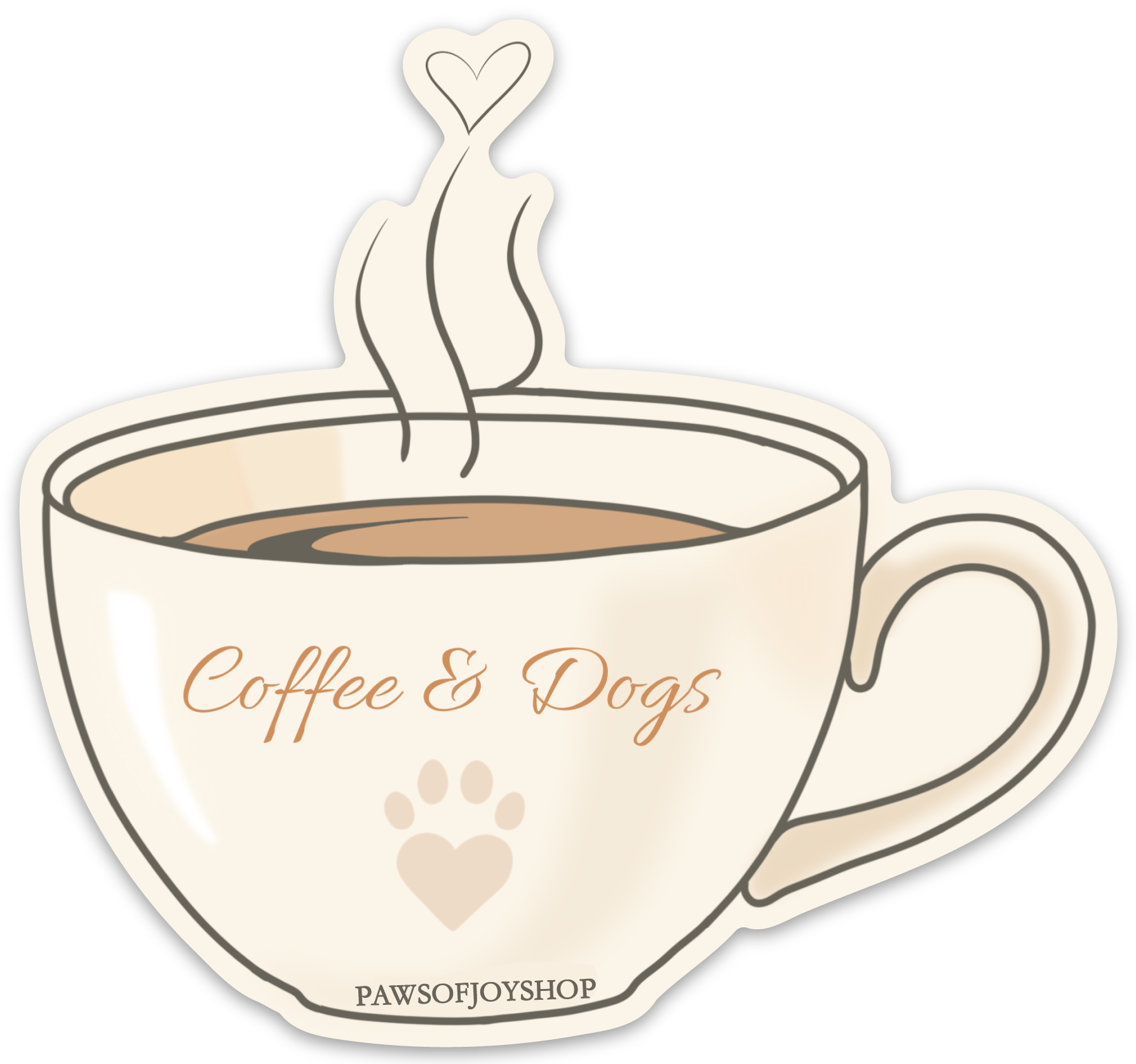 Sticker design of a coffee cup with 'Coffee & Dogs' text and a paw print, from PAWSOFJOYSHOP.