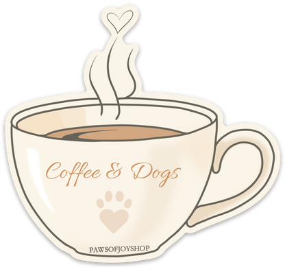 Sticker design of a coffee cup with 'Coffee & Dogs' text and a paw print, from PAWSOFJOYSHOP.