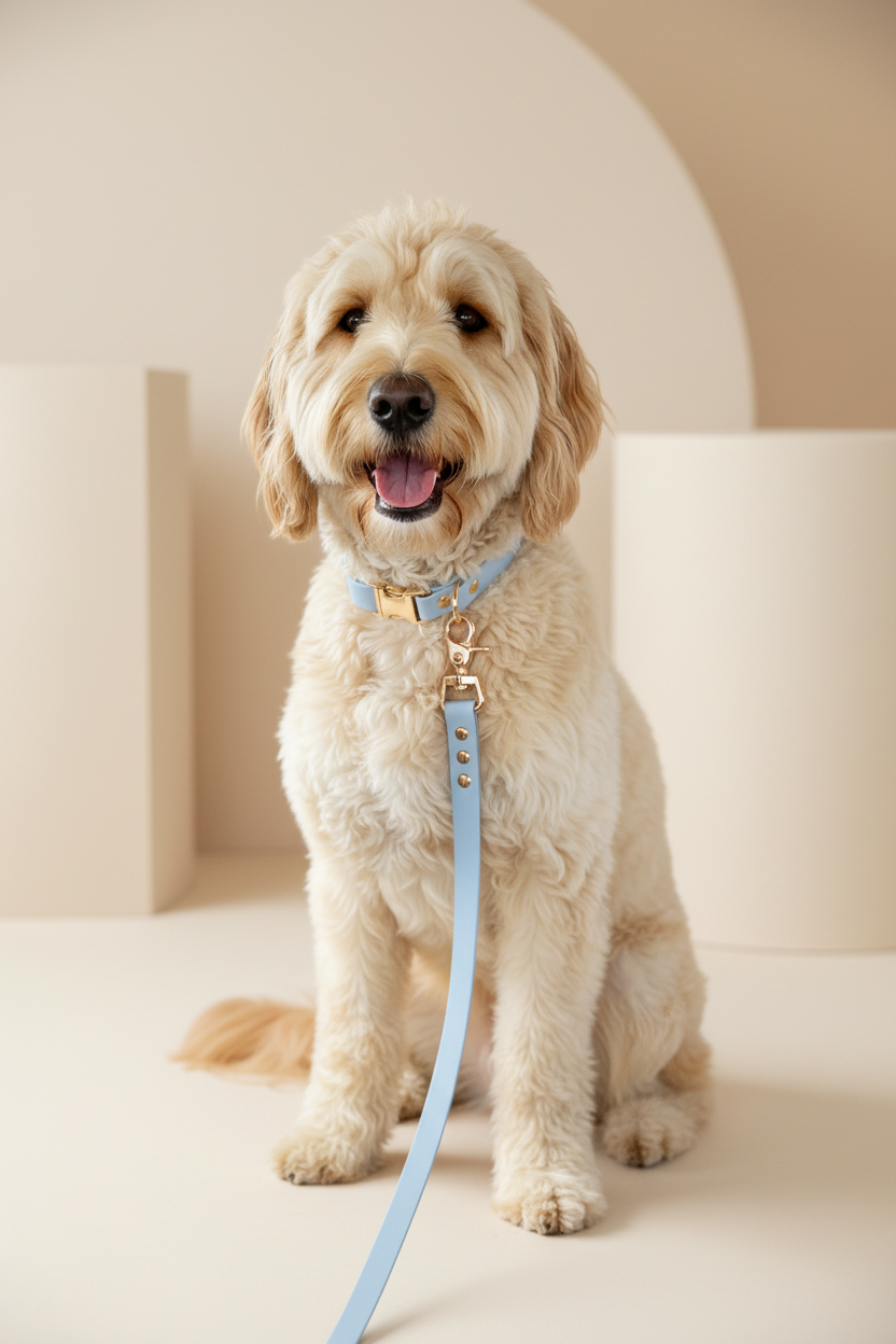 Dog sitting in a car with a leash, looking happy