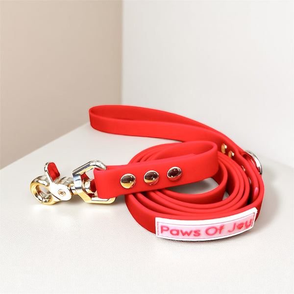 Crimson Red waterproof dog leash with light gold hardware, designed to bring beauty, comfort, and ease to every walk you share with your dog.