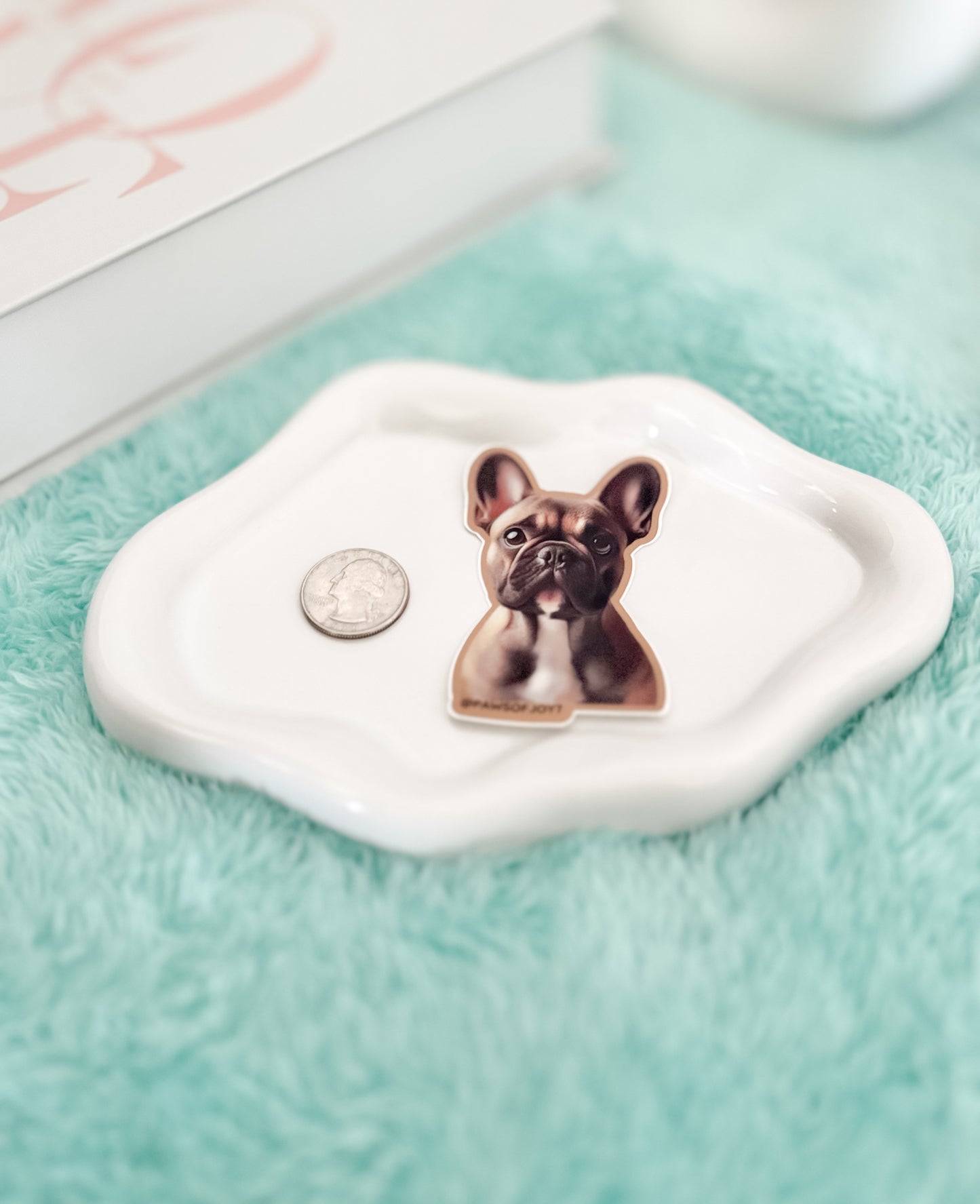 Dog-shaped jewelry dish on a light blue surface with a coin for scale.