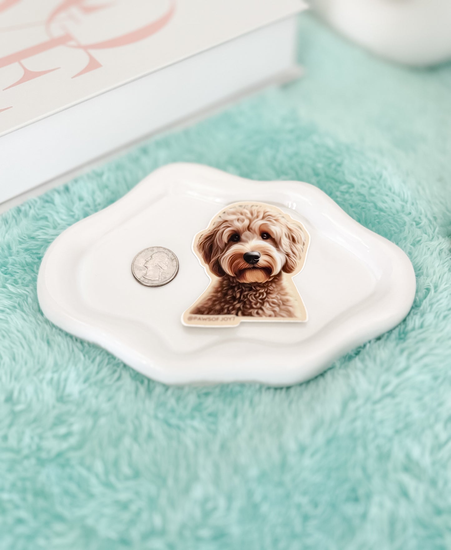 Small white dish with a dog illustration on a light blue surface
