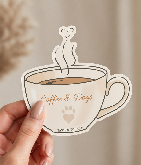 Sticker of a coffee cup with 'Coffee & Dogs' text held by a hand against a neutral background