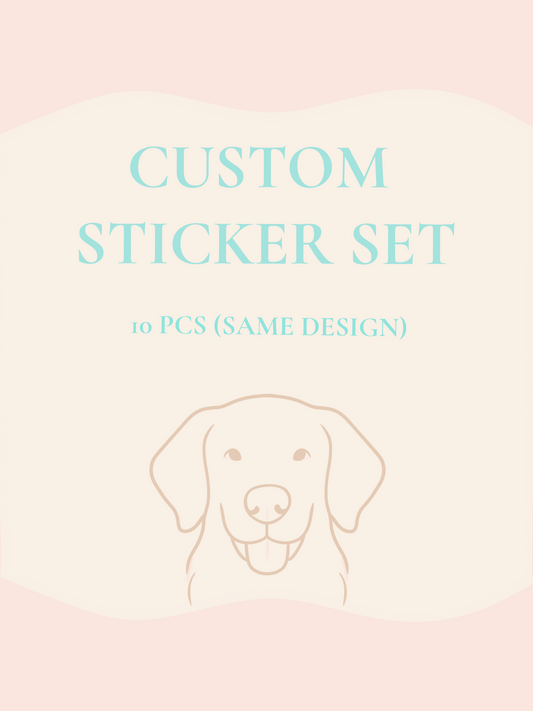 Custom sticker set with a dog illustration on a pink gradient. Personalized dog sticker set (10 pcs) — waterproof vinyl, custom‑made with your pup’s portrait or design. Durable, matte finish, perfect for gifts or everyday use. Processing time: 2–4 weeks.