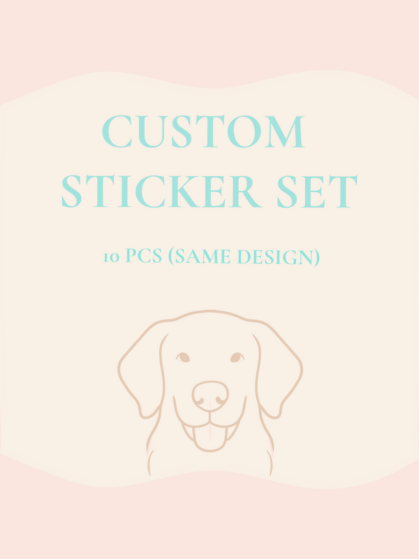 Custom sticker set with a dog illustration on a pink gradient. Personalized dog sticker set (10 pcs) — waterproof vinyl, custom‑made with your pup’s portrait or design. Durable, matte finish, perfect for gifts or everyday use. Processing time: 2–4 weeks.