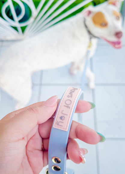 Serenity Blue waterproof dog leash with light gold hardware, blending calm beauty and comfort for peaceful walks shared with your dog.