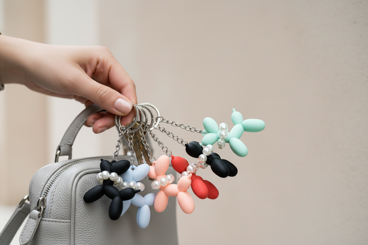 Hand holding a keychain with colorful floral designs against a neutral background
