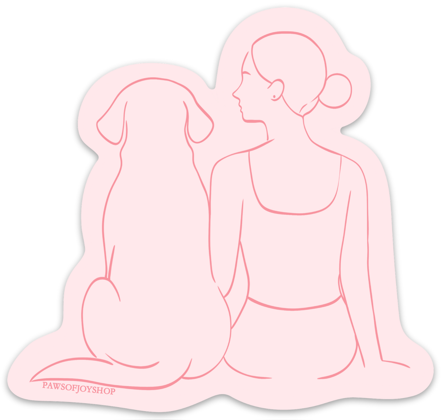 Pink line art of a woman and dog sitting together with 'PAWSOJOYSHOP' branding.