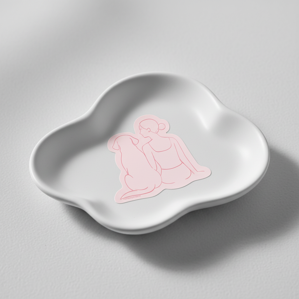 White ceramic dish with a pink abstract design on a gray background