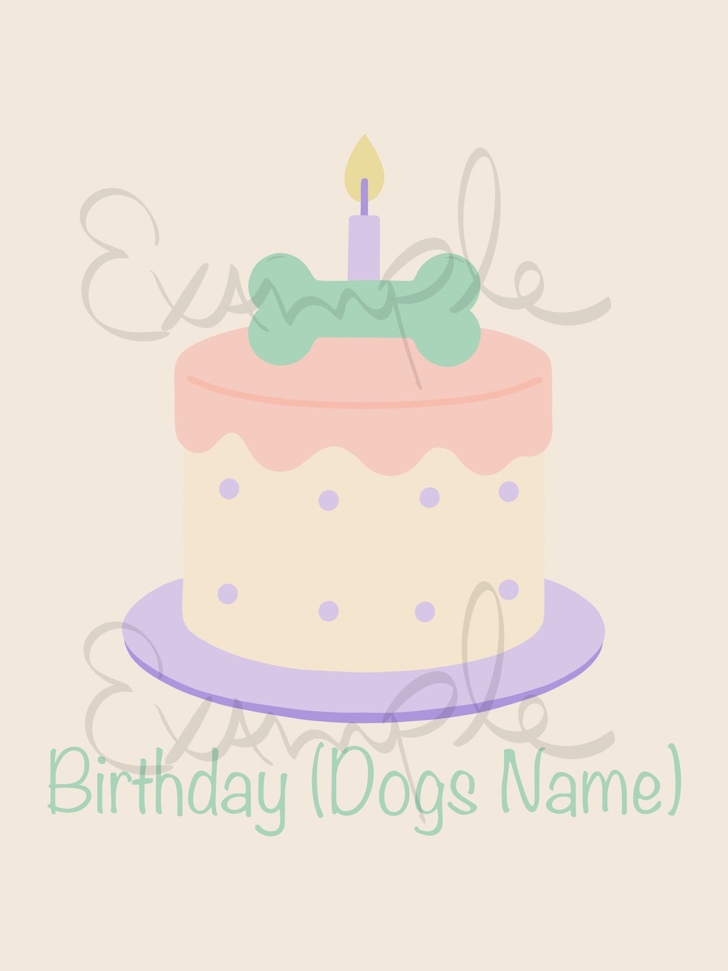 Dog birthday cake with candle and bone-shaped topper on a beige background
