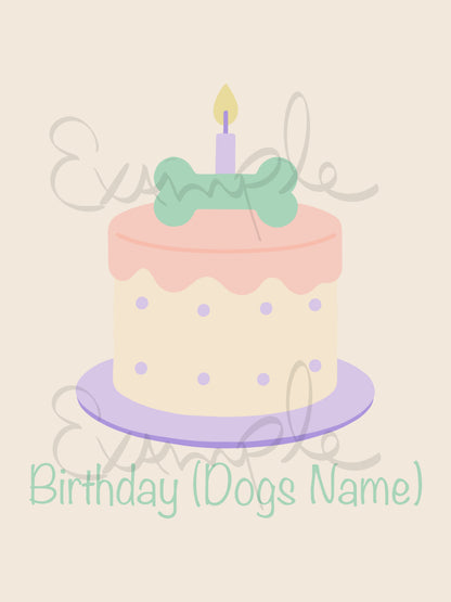 Dog birthday cake with candle and bone-shaped topper on a beige background