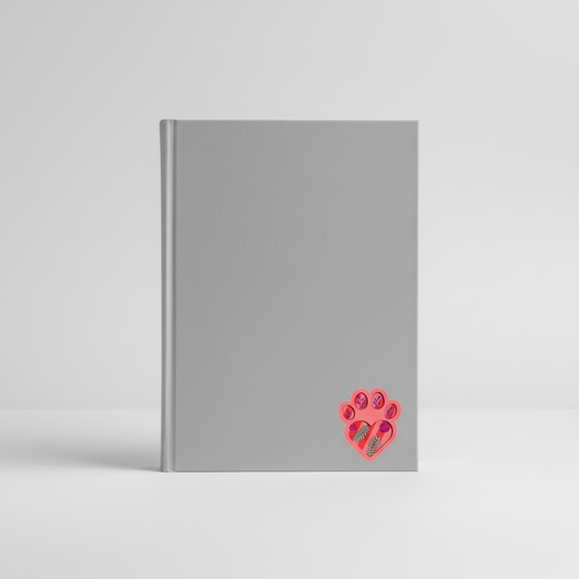 Gray notebook with a red paw print design on a light gray background