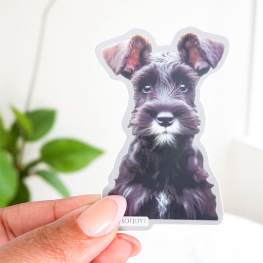 Hand holding a dog-shaped sticker with a schnauzer design, blurred plant in the background