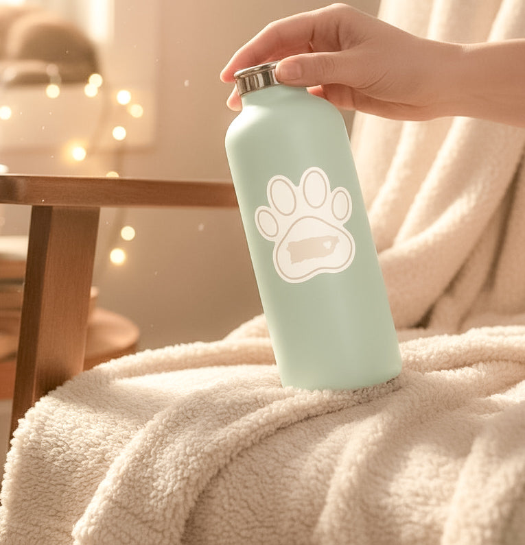 Light blue water bottle with a paw print design of Puerto Rico held by a hand on a soft surface.