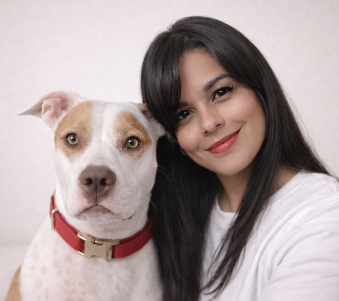 Joyce ceo with her dog aesthetic wearing pvc collar 