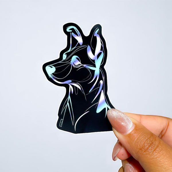 Hand-drawn Cosmic Dog vinyl sticker in purple and blue, featuring a bold dog silhouette, waterproof and durable, capturing the quiet magic between dog moms and their pups.