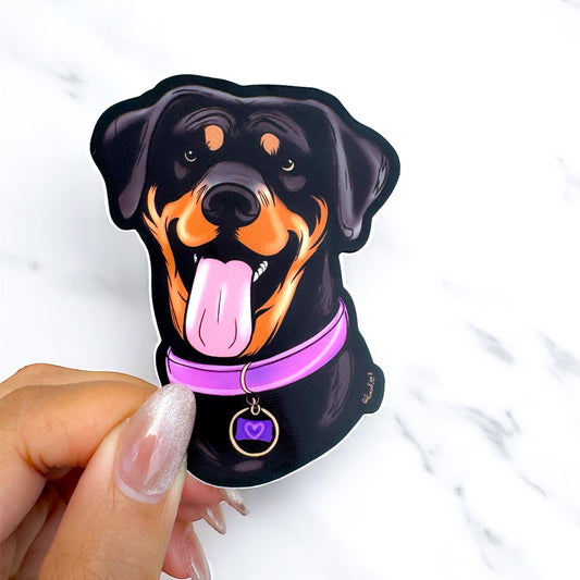 Hand-drawn Rottweiler vinyl sticker featuring a bold yet loving dog silhouette, waterproof and durable, created to honor the loyal bond between Rottweiler dog moms and their pups.