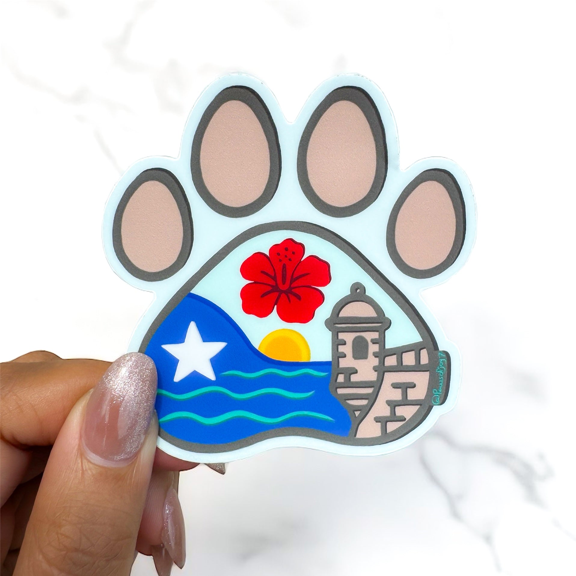 Hand-drawn Boricua Paw vinyl sticker featuring Puerto Rican symbols, waterproof and durable, created to celebrate the bond between your island roots and your dog.