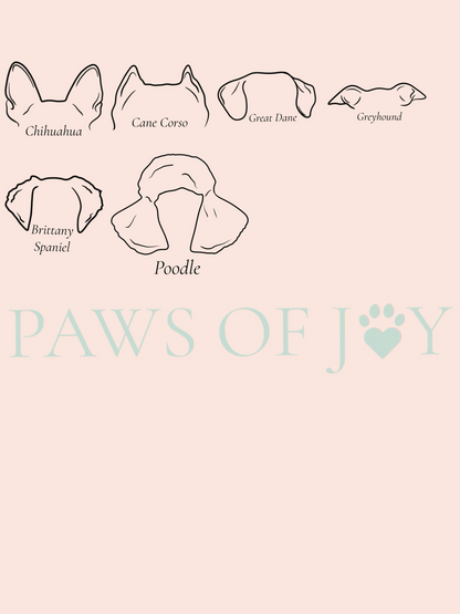 Illustrations of dog breeds with their names on a beige background, featuring the brand 'Paws of Joy'.