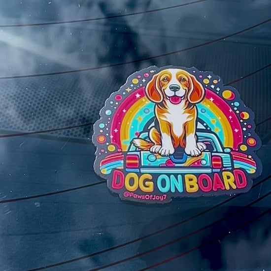 Boutique-designed Dog On Board vinyl sticker featuring a sweet message for dog moms and their loyal co-pilots, waterproof and durable, created to celebrate every drive shared together.
